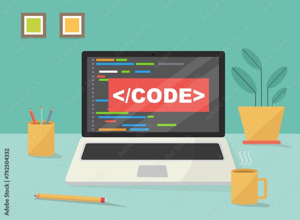 Poster concetto di codice programmazione programmatore virtuale su computer portatile - illustrazioni hacke