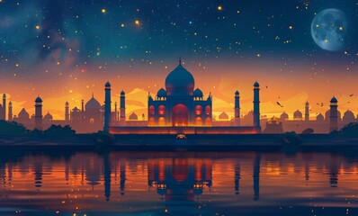 The beautiful silhouette of the mosque against the night sky. Panoramic view of the evening Taj Mahal.  A greeting card for a traditional Indian holiday. Ramadan, Ugadi,  Diwali, Pongal, Gudi Padwa. - obrazy, fototapety, plakaty