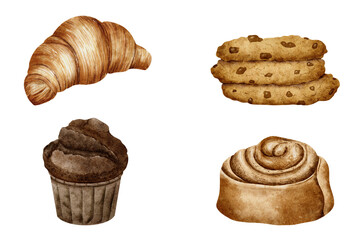 Set of baked products Croissant, Spiraled Cinnamon Roll, cookies, muffin. Watercolor isolated hand...