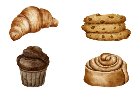 Set of baked products Croissant, Spiraled Cinnamon Roll, cookies, muffin. Watercolor isolated hand drawn illustrations. Clipart of Sweet pastries for label, packaging, card,for bakehouse, bakeshop - Powered by Adobe