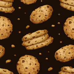 Chocolate chip cookies. Watercolor hand drawn seamless pattern. Background of traditional American homemade biscuits. Print for design of labels, packaging of goods, cards, for bakehouse, bakeshop.