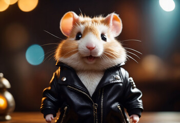 Stylish happy cartoon hamster in leather jacket