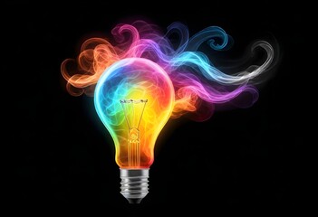 A colorful glowing light bulb with smoke swirling around it against a dark background