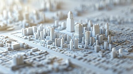 Minimalist 3D model of a next gen urban planning model, sleek interactive tables and 3D city maps.