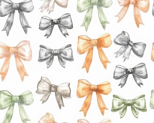 Watercolor pattern decorative bows in different colors and shapes for gift packaging. Background for Valentine's Day, boxing day, Black friday, women's Day, Birthday, Christmas.