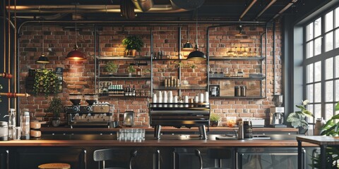 Industrial Style Coffee ShopExposed Brick Wall Interior Design Photo