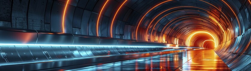 Stunning 3D model of a futuristic minimalist transit system, high speed pods in a streamlined tunnel.
