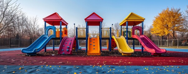 Colorful children's playground with multiple slides and playhouses on a sunny autumn day