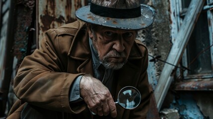 A rugged disheveled PI crouched in a back alley intently studying a stained knife with a magnifying glass. Despite his spy appearance his sharp eyes and meticulous ods make him a formidable .