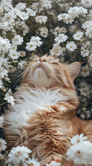 cat sleeping on flowers 