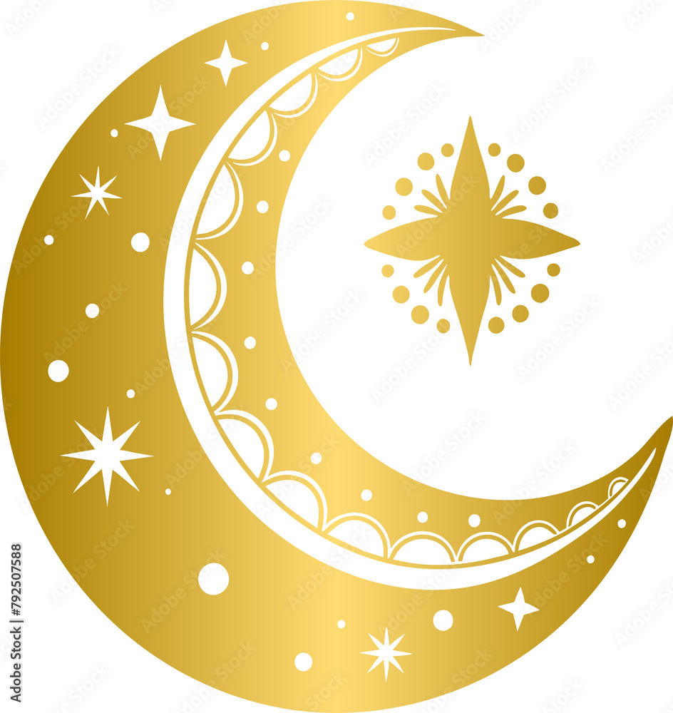 Wall mural golden boho style elements, golden mystic boho crescent moon design