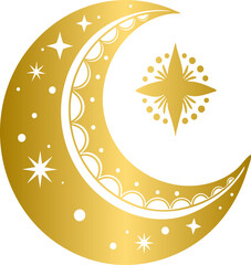 Golden boho style elements, golden mystic boho crescent moon design © N2