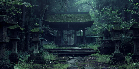 Japanese temple. ancient shrine in the middle of forest. night at the mountain.