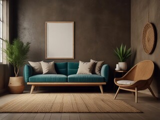 Mockup frame in nomadic boho interior background with rustic decor, 3d render