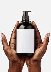 hands holding a bottle of soap with white blank space for mock-up 