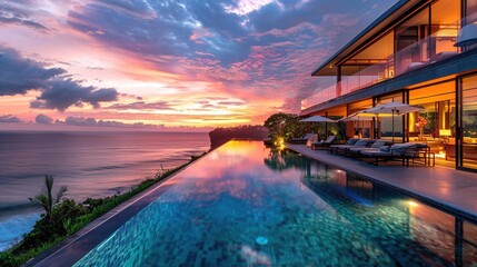 This is a photo of a luxury hotel with an infinity pool overlooking the ocean - obrazy, fototapety, plakaty