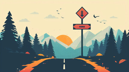 Illustration of a scenic road leading towards mountains with a sunrise, trees, and a signpost saying "GO!" with flying birds.