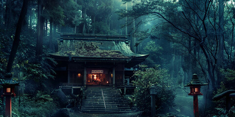 Japanese temple. ancient shrine in the middle of forest. night at the mountain.
