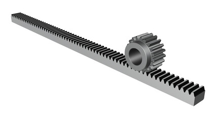 Gear rack and pinion. Straight teeth. Machine parts. 3D render illustration