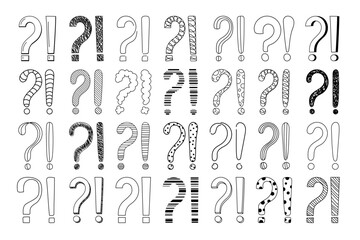 Doodle question and exclamation marks hand drawn sketch vector illustration set. Collection of various exclamation and question attention, asking, doubt and warning punctuation freehand scribbles.