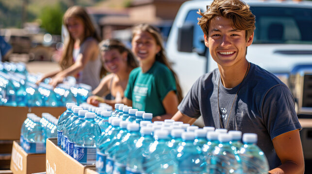 Cheerful teenage volunteers distributing water during community service.