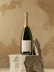 bottle of wine on rock podium with white blank sticker for mockup 