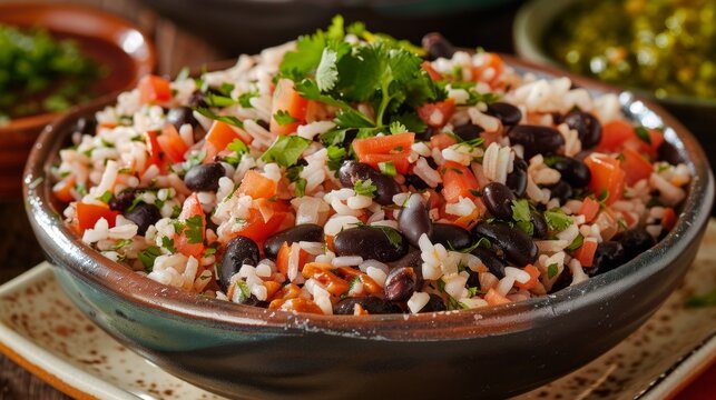 Closeup of a traditional rice and beans dish showcasing the distinct layers of fluffy white rice hearty black beans and fragrant sofrito. .