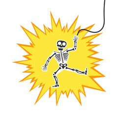 Skeleton electric shock by high voltage or lighting electrocuted caution silhouette flat style design vector illustration. A funny human skeleton had an electric shock or lightning strike.