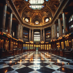 Obraz premium Grandiose interior of a historic building with ornate ceilings, stained glass windows, and a checkerboard floor pattern, likely a stock exchange.