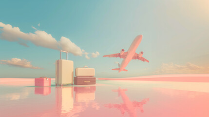 Baggage and planes placed on passport for making advertising media about tourism and all object on  background  for travel and transport concept design
