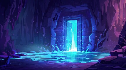 There is a blue portal in a cave. The portal is surrounded by rocks and there is water on the ground. - obrazy, fototapety, plakaty