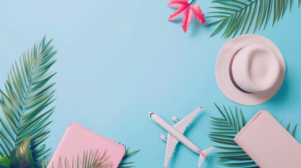 Baggage and planes placed on passport for making advertising media about tourism and all object on  background  for travel and transport concept design