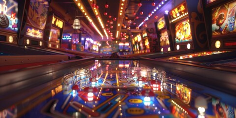 retro arcade pinball machineflashing lights and rows of machines
