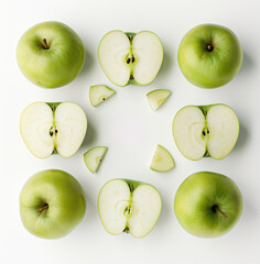 Green apples on a white background, some cut in half with seeds visible inside and others whole 