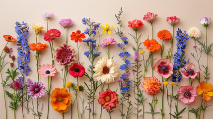 A variety of colorful flowers arranged in rows against a light beige background, showcasing a diversity of shapes and sizes. - obrazy, fototapety, plakaty