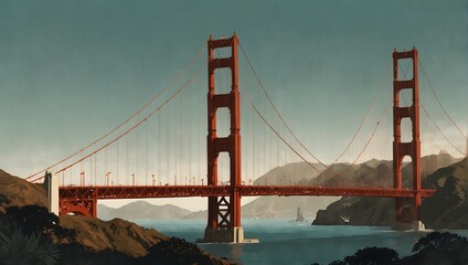 Fototapeta premium Contemporary minimalist collage illustration featuring a double exposure of the Golden Gate Bridge, USA Generative AI