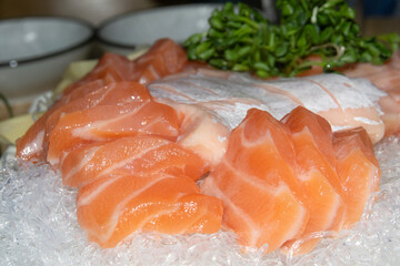 View of the salmon sashimi on the plate