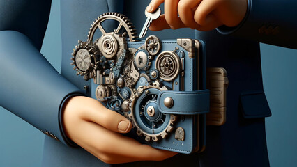 A man is holding a blue wallet with gears on it. The wallet is designed to look like a mechanical device, and it gives off a sense of sophistication - obrazy, fototapety, plakaty