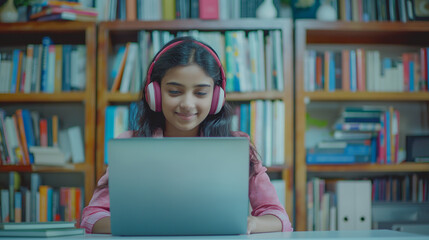  Smiling Indian Girl Studying with Headphones and Laptop in Library