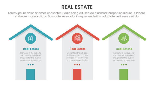 real estate property infographic template banner with high house building with circle badge with 3 point list information for slide presentation - Powered by Adobe