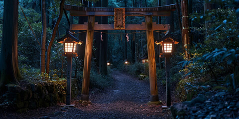 Japanese torii Shinto shrine gate in the night forest, creepy ambience.