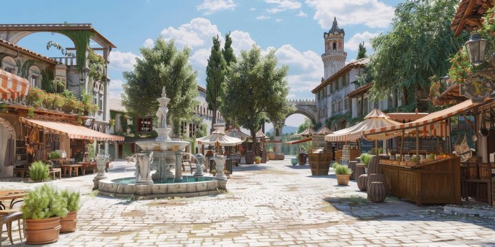 Medieval Village Square Market Stalls: Cozy Old Town Marketplace Scene