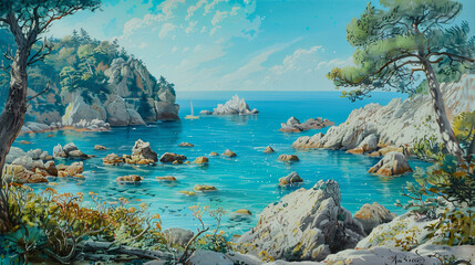 Fototapeta na wymiar A scenic view of a rocky shoreline 
