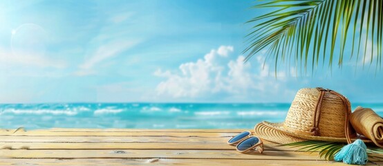 Summer tropical beach background with beach accessories on wooden, blue sky and sea in the background with copy space - obrazy, fototapety, plakaty