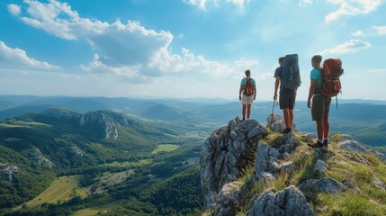 Obraz premium An adventurous summer hiking scene in a mountainous area, with a group of friends reaching the summit, wide expansive views of green valleys below under a clear blue sky