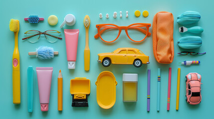 Flat lay with assorted yellow and orange items including glasses, a toy car, pencils, and a pencil case on teal background.