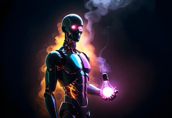 AI Robotic Man with a colorful glowing light bulb with smoke swirling around it against a dark background, 