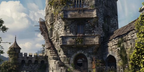 Medieval Castle TowerSpiral Staircases OverlookingScenic Landscape - obrazy, fototapety, plakaty