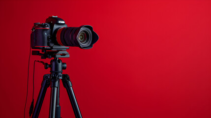 Professional camera on a tripod, on a red background ,Record videos and photos for your blog, reportage ,Free space, isolated red background  - obrazy, fototapety, plakaty