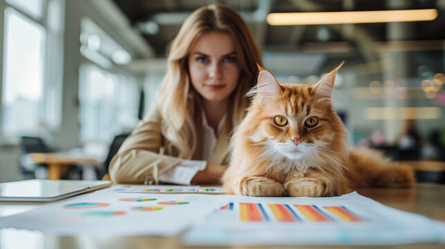 Businesswoman with a fluffy ginger cat overseeing colorful graphs on a desk